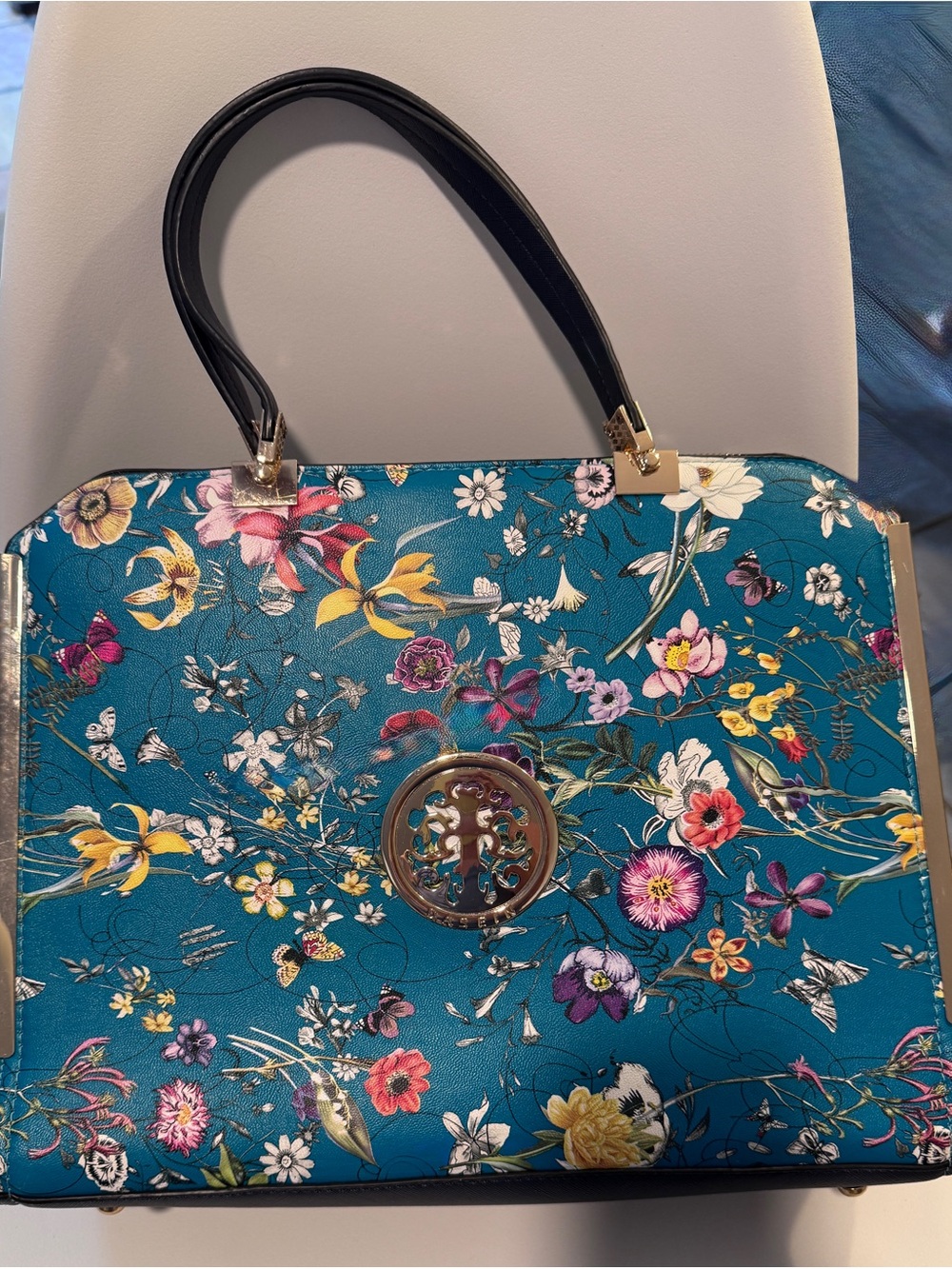 Teal Floral Satchel with Gold Accent - Designer-Inspired